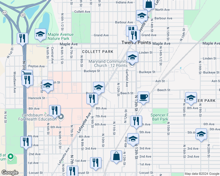map of restaurants, bars, coffee shops, grocery stores, and more near 1001-1099 Lafayette Avenue in Terre Haute