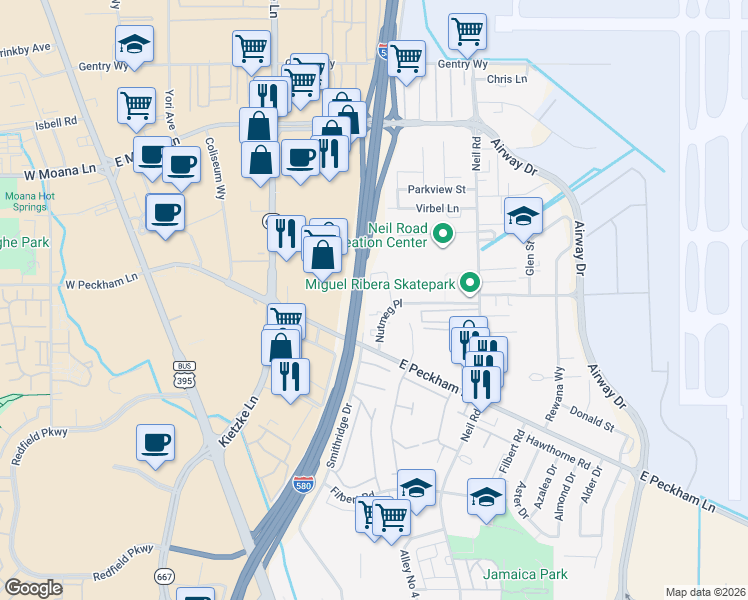 map of restaurants, bars, coffee shops, grocery stores, and more near 859 Nutmeg Place in Reno