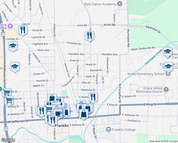 map of restaurants, bars, coffee shops, grocery stores, and more near 748 Hurricane Street in Franklin
