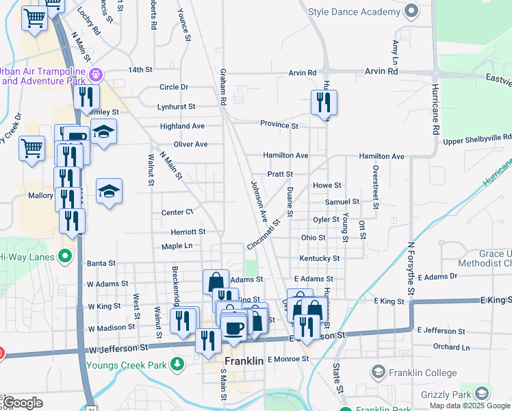 map of restaurants, bars, coffee shops, grocery stores, and more near 648 Johnson Avenue in Franklin