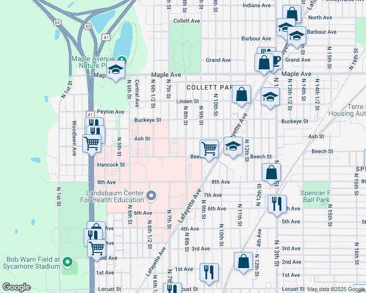 map of restaurants, bars, coffee shops, grocery stores, and more near 1722 North 8th Street in Terre Haute