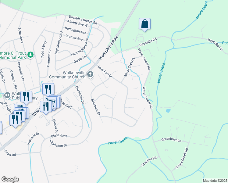 map of restaurants, bars, coffee shops, grocery stores, and more near 295 Maplewood Place in Walkersville