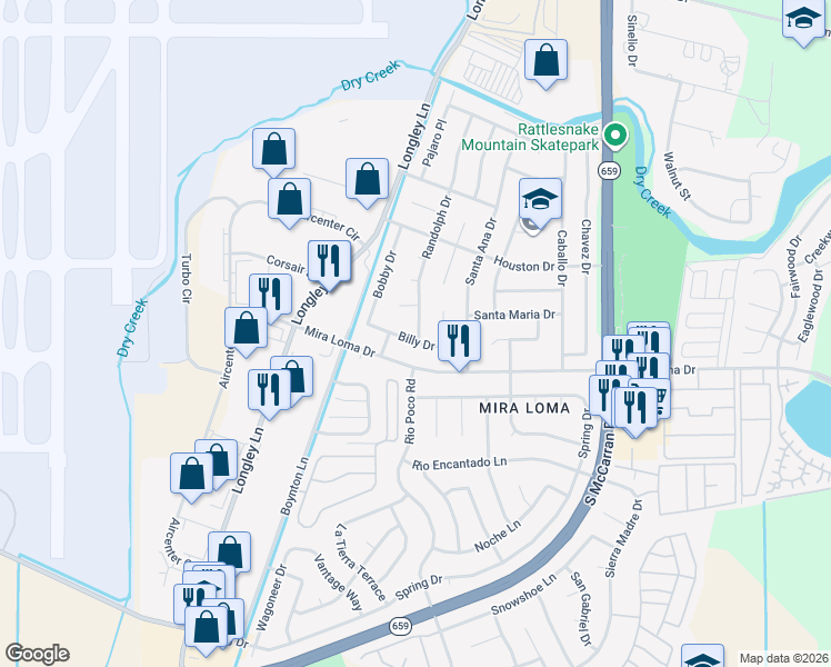 map of restaurants, bars, coffee shops, grocery stores, and more near 3055 Randolph Drive in Reno