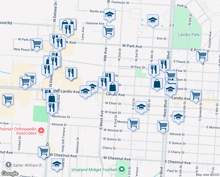 map of restaurants, bars, coffee shops, grocery stores, and more near 101-199 East Wood Street in Vineland