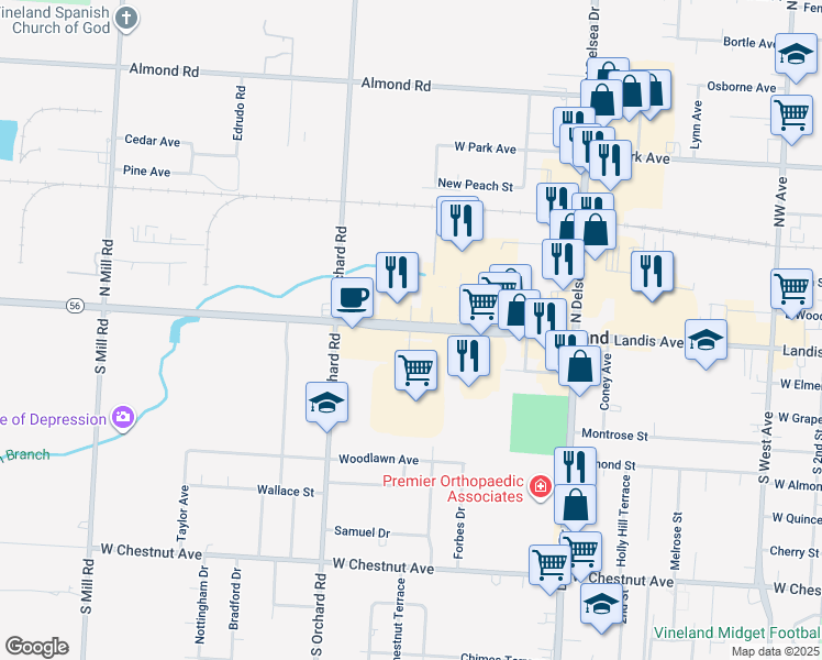 map of restaurants, bars, coffee shops, grocery stores, and more near 1270 West Landis Avenue in Vineland