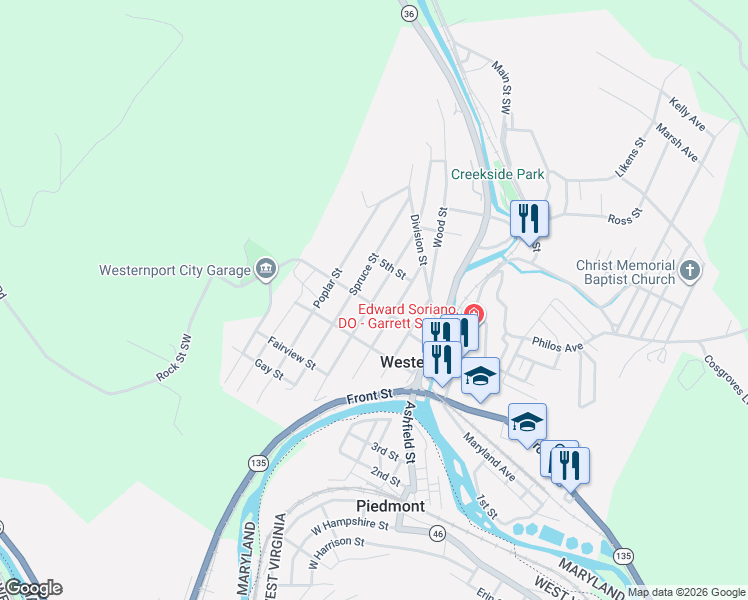 map of restaurants, bars, coffee shops, grocery stores, and more near 409 Walnut Street in Westernport