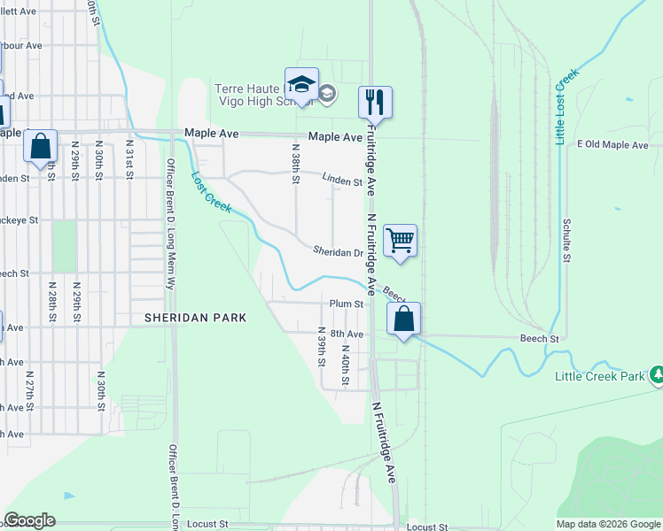 map of restaurants, bars, coffee shops, grocery stores, and more near 3901-3999 Sheridan Drive in Terre Haute