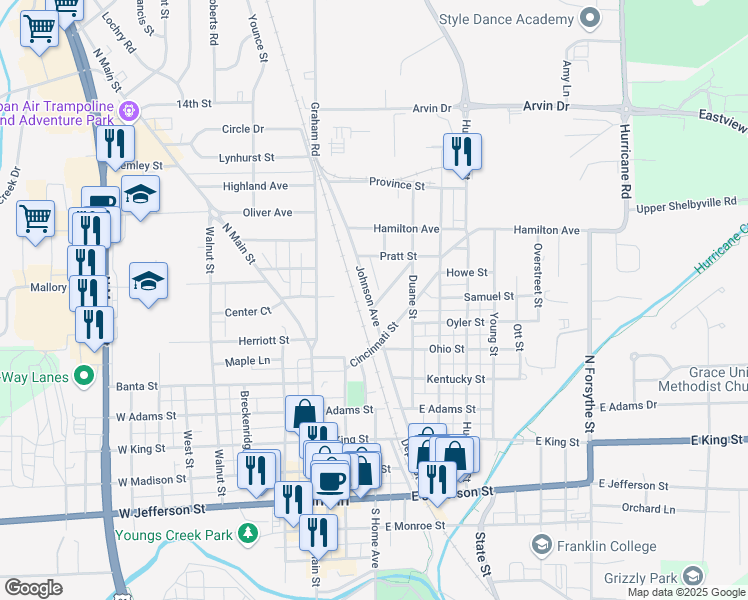 map of restaurants, bars, coffee shops, grocery stores, and more near 607 Johnson Avenue in Franklin