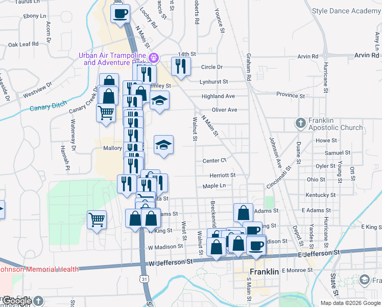 map of restaurants, bars, coffee shops, grocery stores, and more near 777 Walnut Street in Franklin
