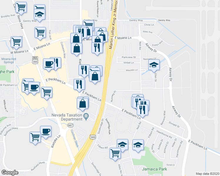 map of restaurants, bars, coffee shops, grocery stores, and more near 859 Nutmeg Place in Reno