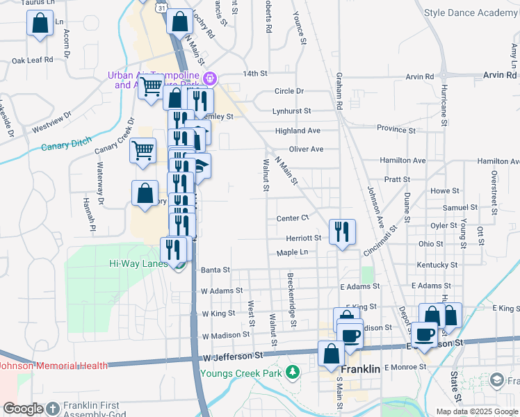 map of restaurants, bars, coffee shops, grocery stores, and more near 777 Walnut Street in Franklin