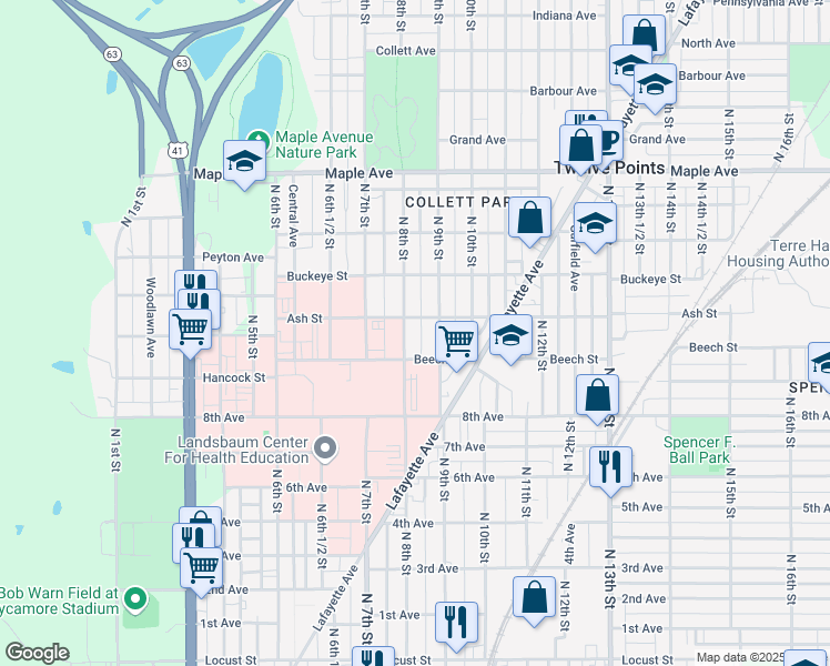 map of restaurants, bars, coffee shops, grocery stores, and more near 801 Ash Street in Terre Haute