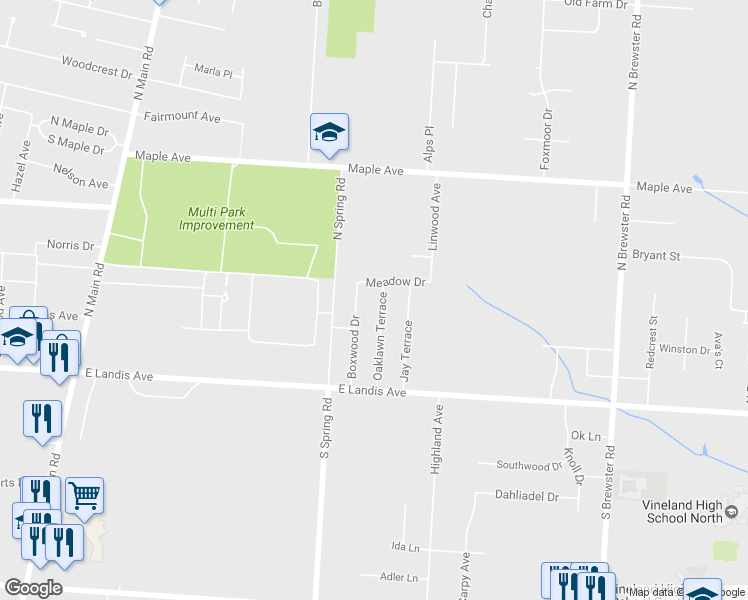 map of restaurants, bars, coffee shops, grocery stores, and more near 208 Oaklawn Terrace in Vineland