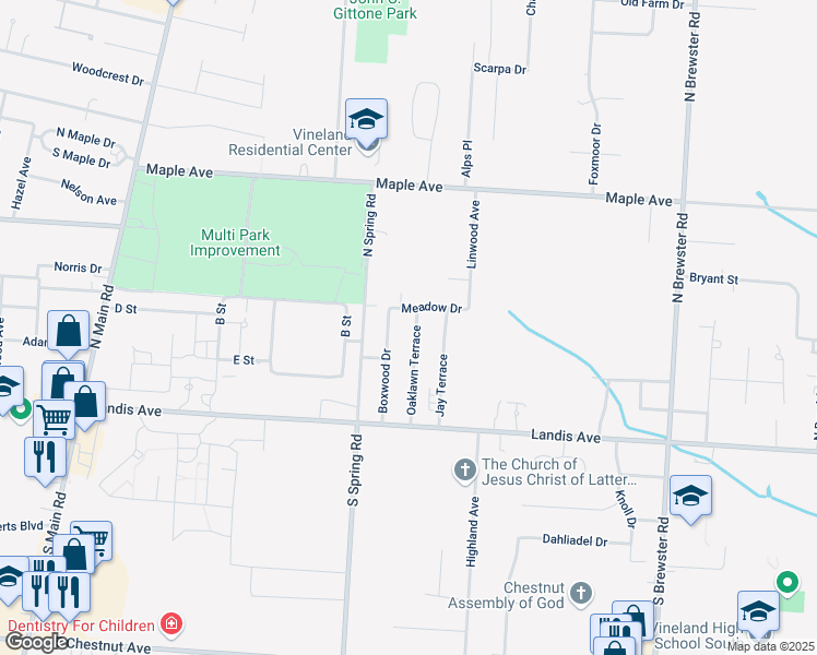 map of restaurants, bars, coffee shops, grocery stores, and more near 208 Oaklawn Terrace in Vineland