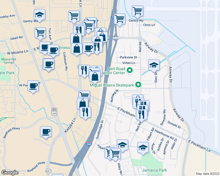 map of restaurants, bars, coffee shops, grocery stores, and more near 859 Nutmeg Place in Reno