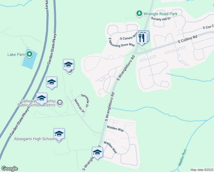 map of restaurants, bars, coffee shops, grocery stores, and more near 15 Seneca Drive in Galloway