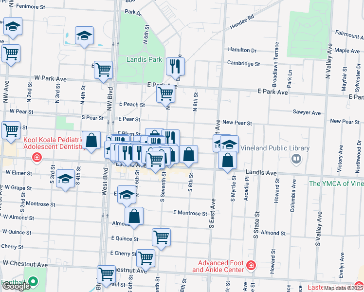 map of restaurants, bars, coffee shops, grocery stores, and more near 726 East Wood Street in Vineland