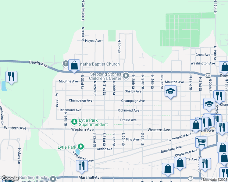 map of restaurants, bars, coffee shops, grocery stores, and more near 2998 Shelby Ave in Mattoon