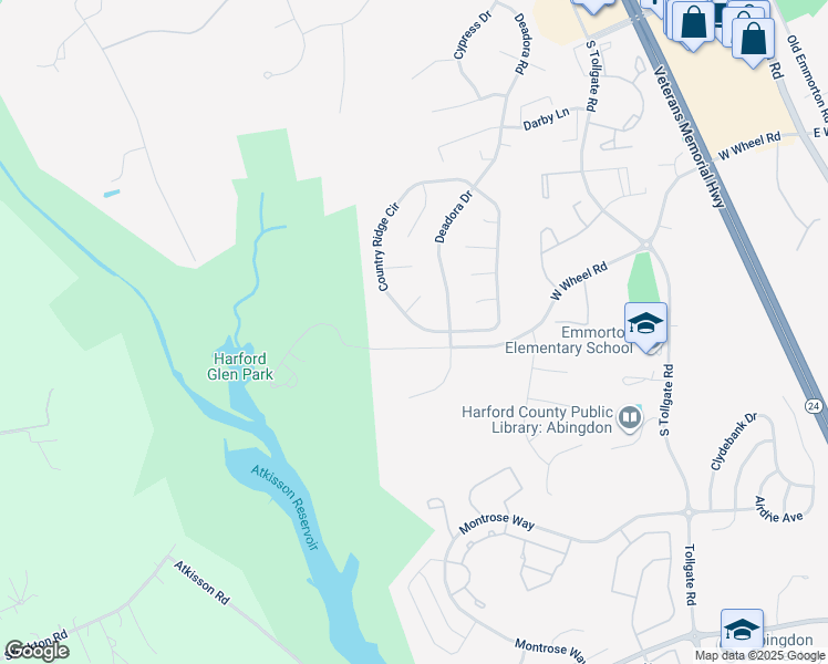 map of restaurants, bars, coffee shops, grocery stores, and more near 509 Country Ridge Circle in Bel Air