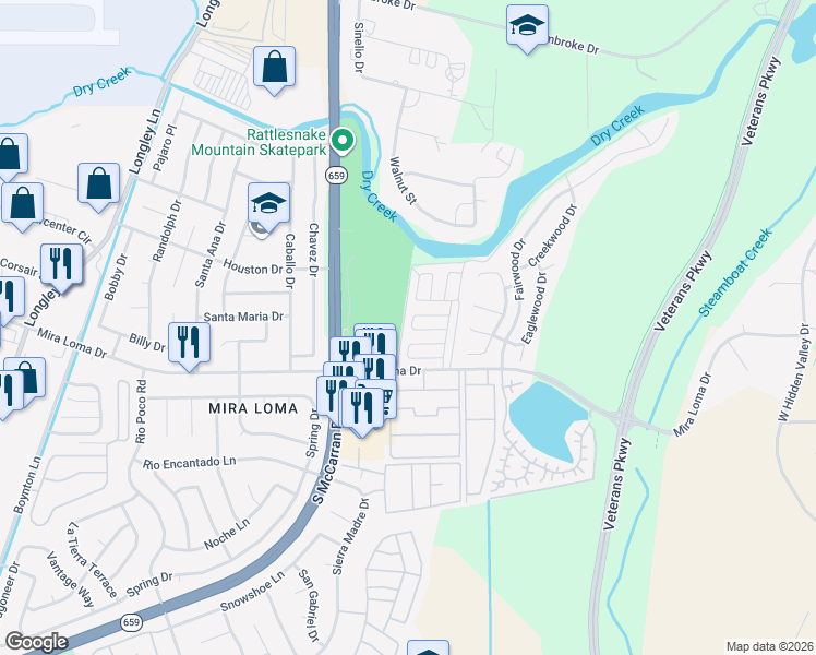 map of restaurants, bars, coffee shops, grocery stores, and more near 4570 China Rose Circle in Reno