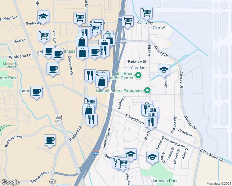 map of restaurants, bars, coffee shops, grocery stores, and more near 859 Nutmeg Place in Reno