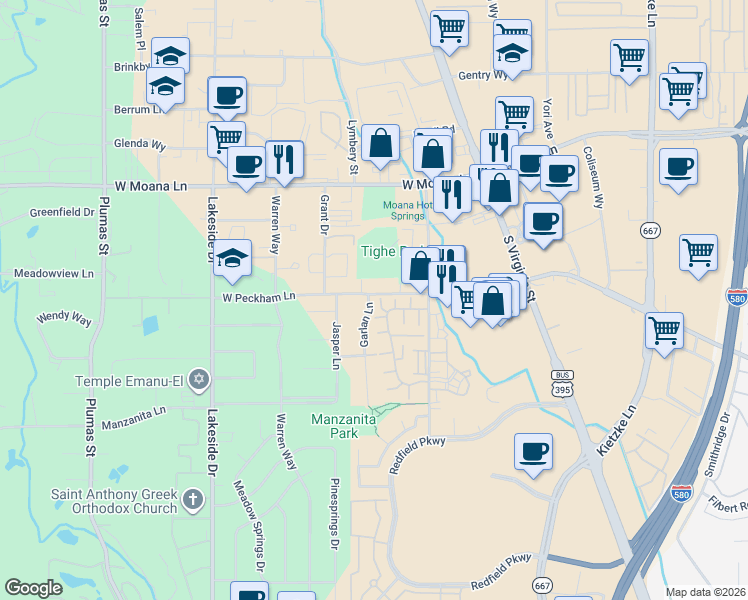 map of restaurants, bars, coffee shops, grocery stores, and more near 3924 Henry Court in Reno