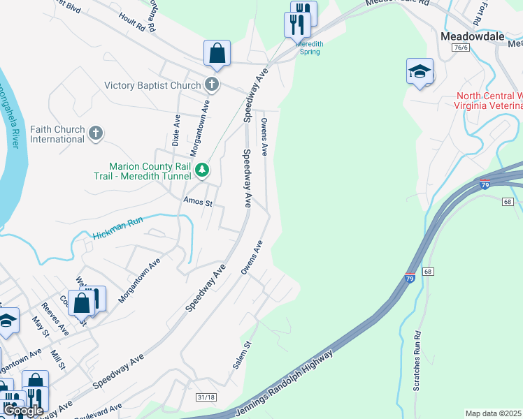 map of restaurants, bars, coffee shops, grocery stores, and more near 309 Winfield Street in Fairmont