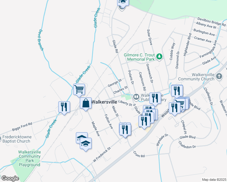 map of restaurants, bars, coffee shops, grocery stores, and more near 1 Charles Street in Walkersville