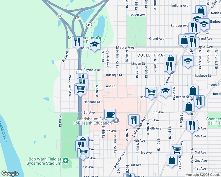 map of restaurants, bars, coffee shops, grocery stores, and more near 1735 Central Avenue in Terre Haute