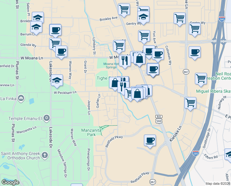 map of restaurants, bars, coffee shops, grocery stores, and more near 3951 Baker Lane in Reno