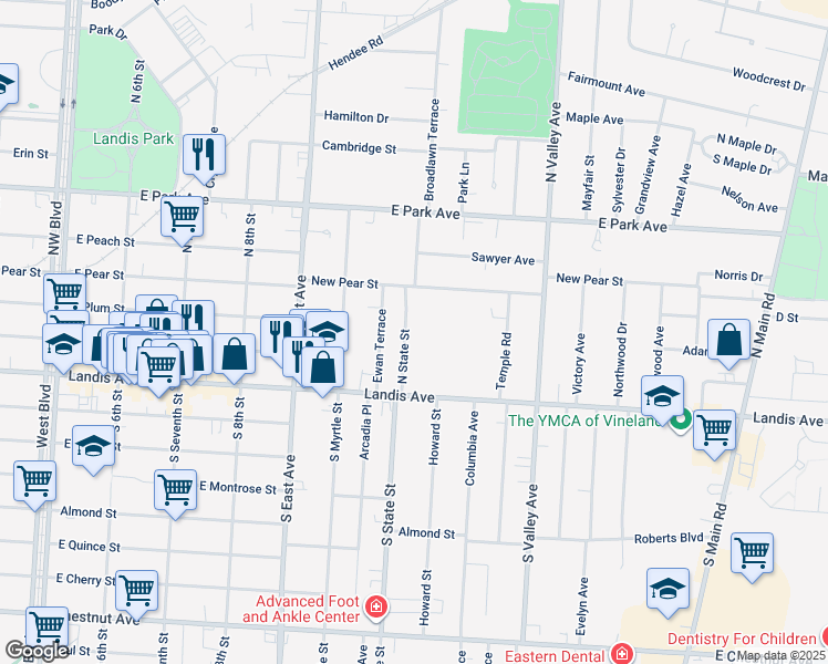 map of restaurants, bars, coffee shops, grocery stores, and more near 17 N State St in Vineland