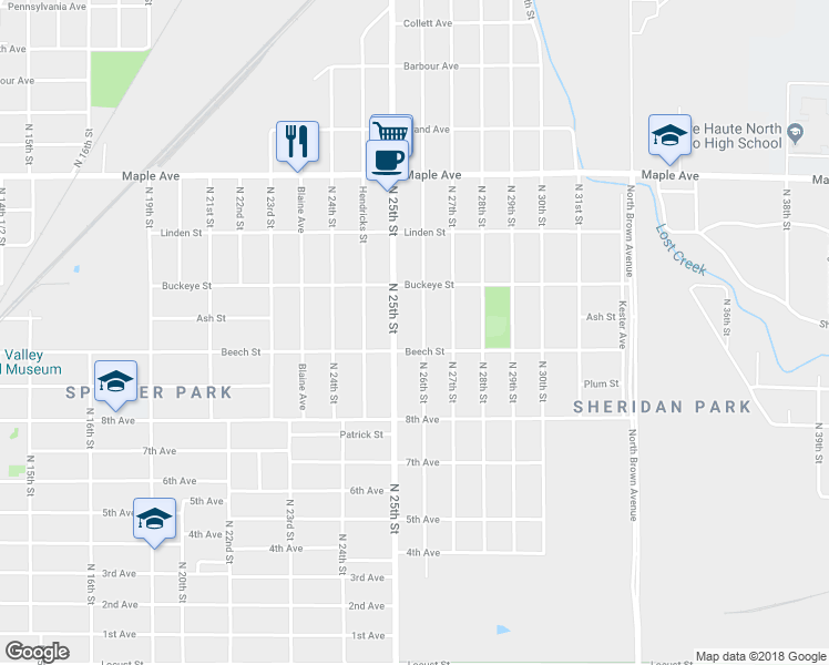 map of restaurants, bars, coffee shops, grocery stores, and more near 1808 North 26th Street in Terre Haute