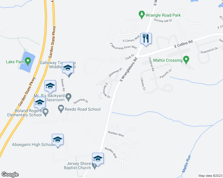 map of restaurants, bars, coffee shops, grocery stores, and more near 41 Seneca Drive in Galloway