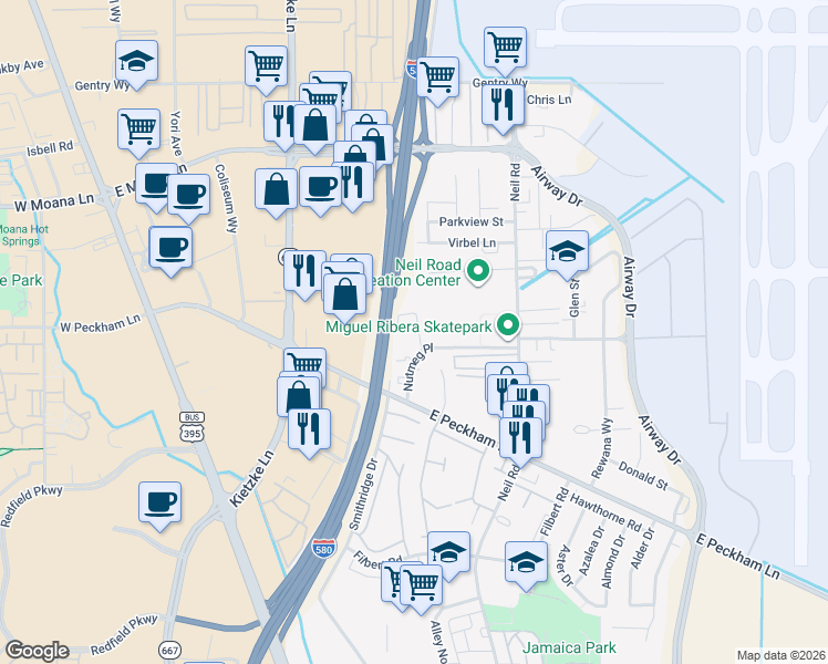 map of restaurants, bars, coffee shops, grocery stores, and more near 863 Nutmeg Place in Reno