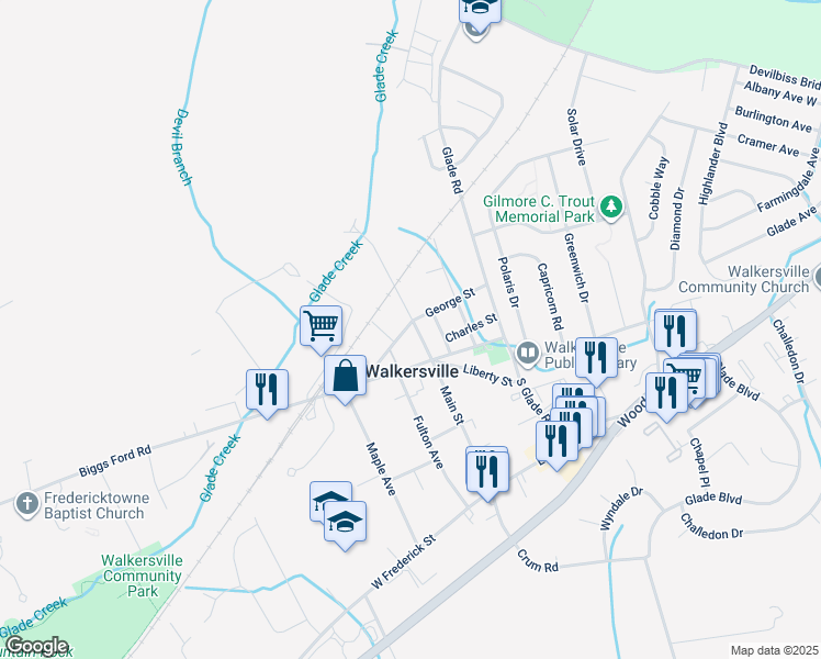 map of restaurants, bars, coffee shops, grocery stores, and more near 71 Main Street in Walkersville