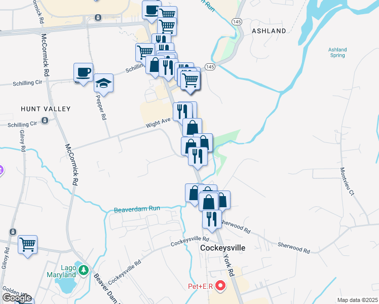 map of restaurants, bars, coffee shops, grocery stores, and more near 11012 York Road in Cockeysville