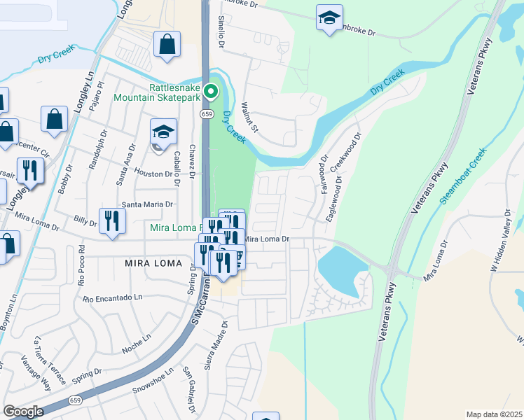 map of restaurants, bars, coffee shops, grocery stores, and more near 4570 China Rose Circle in Reno