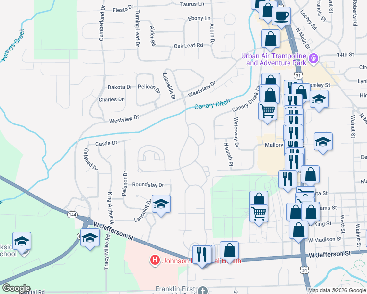 map of restaurants, bars, coffee shops, grocery stores, and more near Robin Road in Franklin