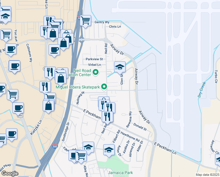 map of restaurants, bars, coffee shops, grocery stores, and more near 4004 Neil Road in Reno