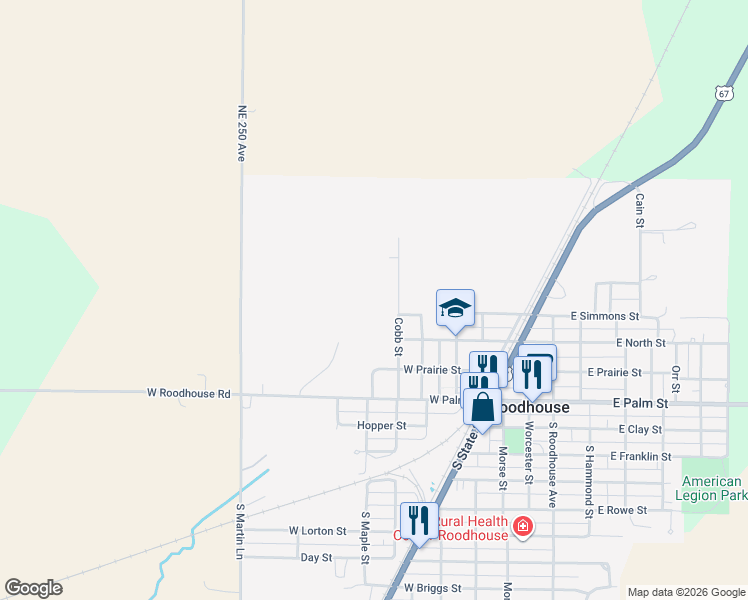 map of restaurants, bars, coffee shops, grocery stores, and more near 5 Cobb Street in Roodhouse