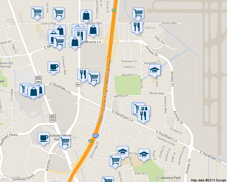 map of restaurants, bars, coffee shops, grocery stores, and more near 863 Nutmeg Place in Reno