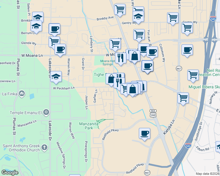 map of restaurants, bars, coffee shops, grocery stores, and more near 3951 Baker Lane in Reno