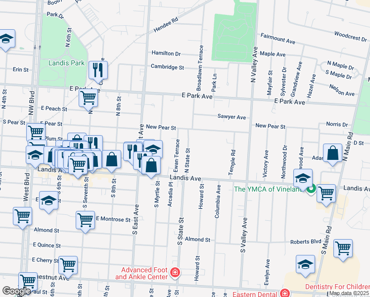 map of restaurants, bars, coffee shops, grocery stores, and more near 17 North State Street in Vineland