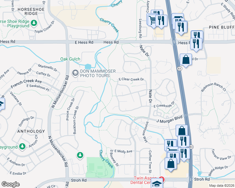 map of restaurants, bars, coffee shops, grocery stores, and more near 19019 East Elk Creek Drive in Parker