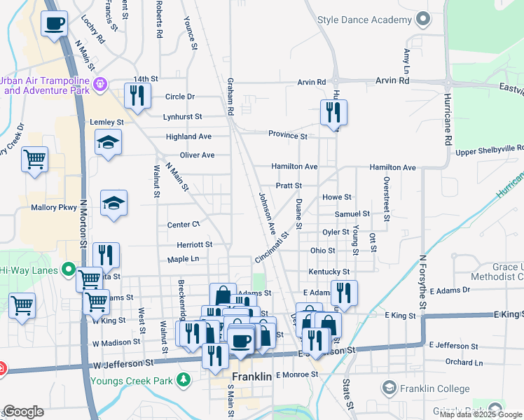 map of restaurants, bars, coffee shops, grocery stores, and more near 648 Johnson Avenue in Franklin
