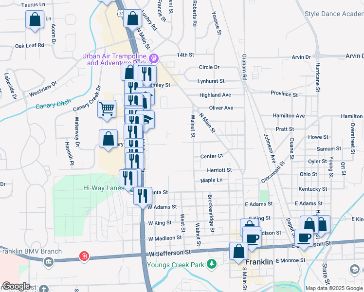 map of restaurants, bars, coffee shops, grocery stores, and more near 395 Central Avenue in Franklin