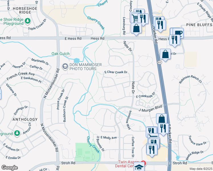 map of restaurants, bars, coffee shops, grocery stores, and more near 19019 East Elk Creek Drive in Parker