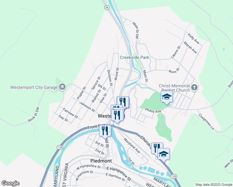 map of restaurants, bars, coffee shops, grocery stores, and more near 105 Wood Street in Westernport