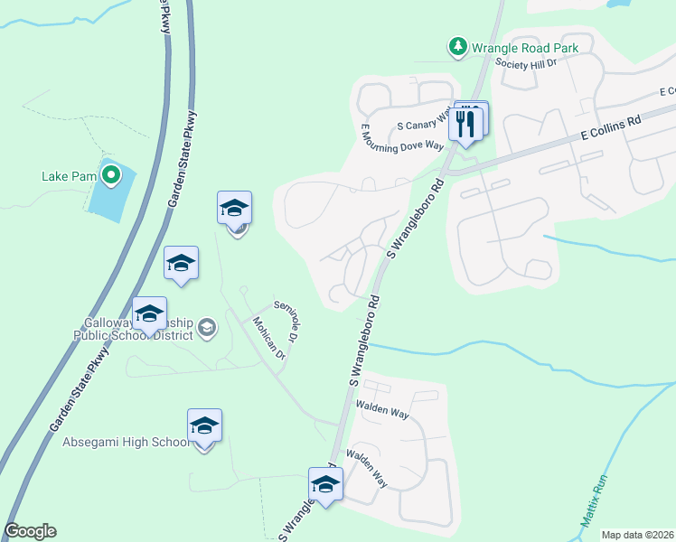 map of restaurants, bars, coffee shops, grocery stores, and more near 64 Arapaho Place in Galloway
