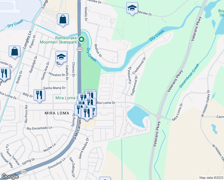 map of restaurants, bars, coffee shops, grocery stores, and more near 3218 Rose Vista Dr in Reno
